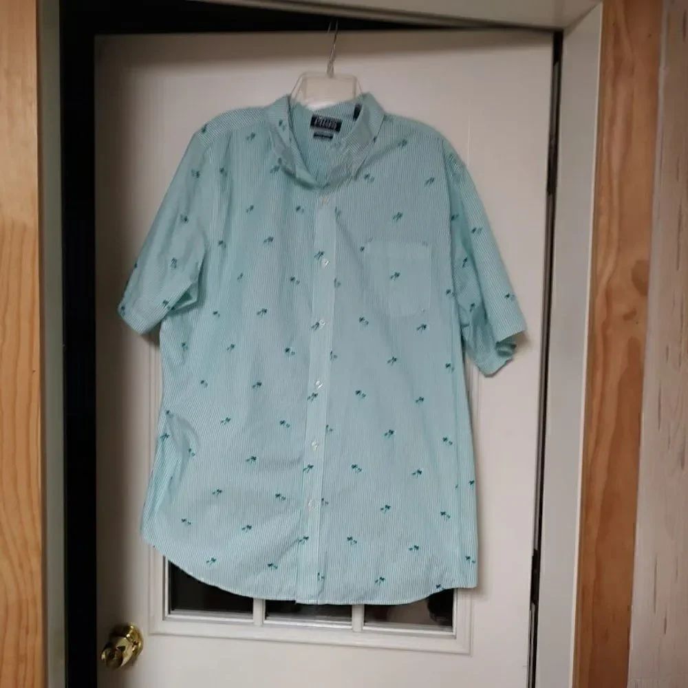 Chaps Green White Striped Palm Trees Short Sleeve Button Down Shirt Men's XXL